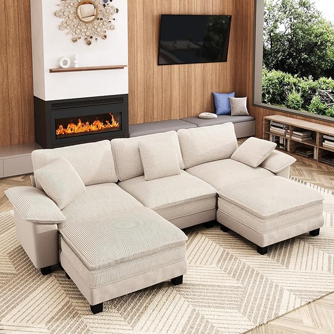 MIXPATIO 123-Inch U Shaped Sectional Sofa with Cloud Cushions, Deep Seat Modular Couch Set w/ 5 Seats & 2 Ottomans, Plush Chenille & Corduroy Upholstery for Living Room, Apartment - Beige