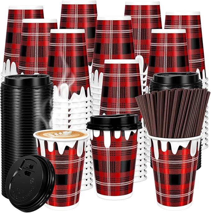 POTPTPT 100 Pieces Christmas Disposable Coffee Cups with Lids and Straws 12 oz Christmas Disposable Paper Cups Red Black P...