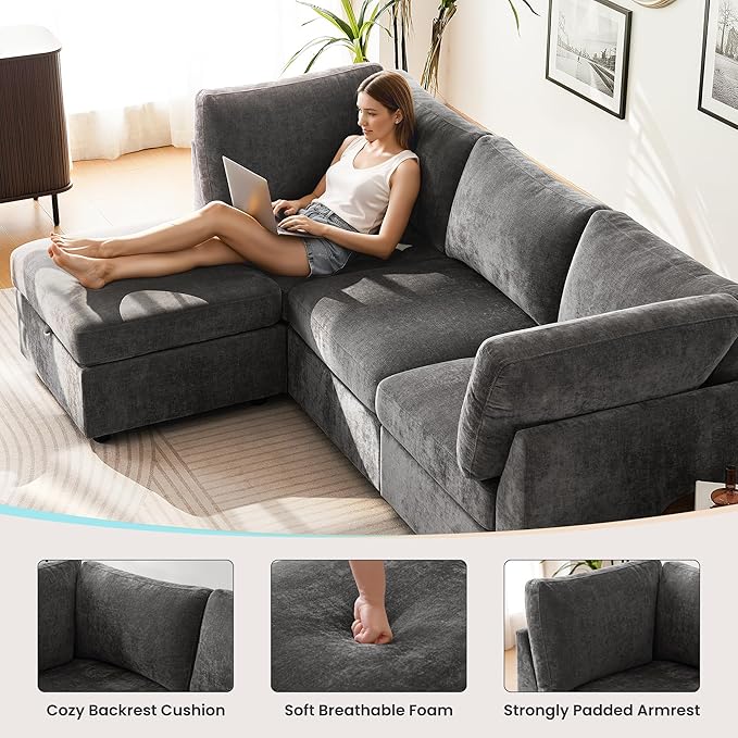 TEKAMON 123" Modular Sectional Sofa,Extra Large Comfy Cloud Deep Seat, Reversible Chaise Modular Sectional Couches for Living Room and Apartmenr,Grey 4steaer