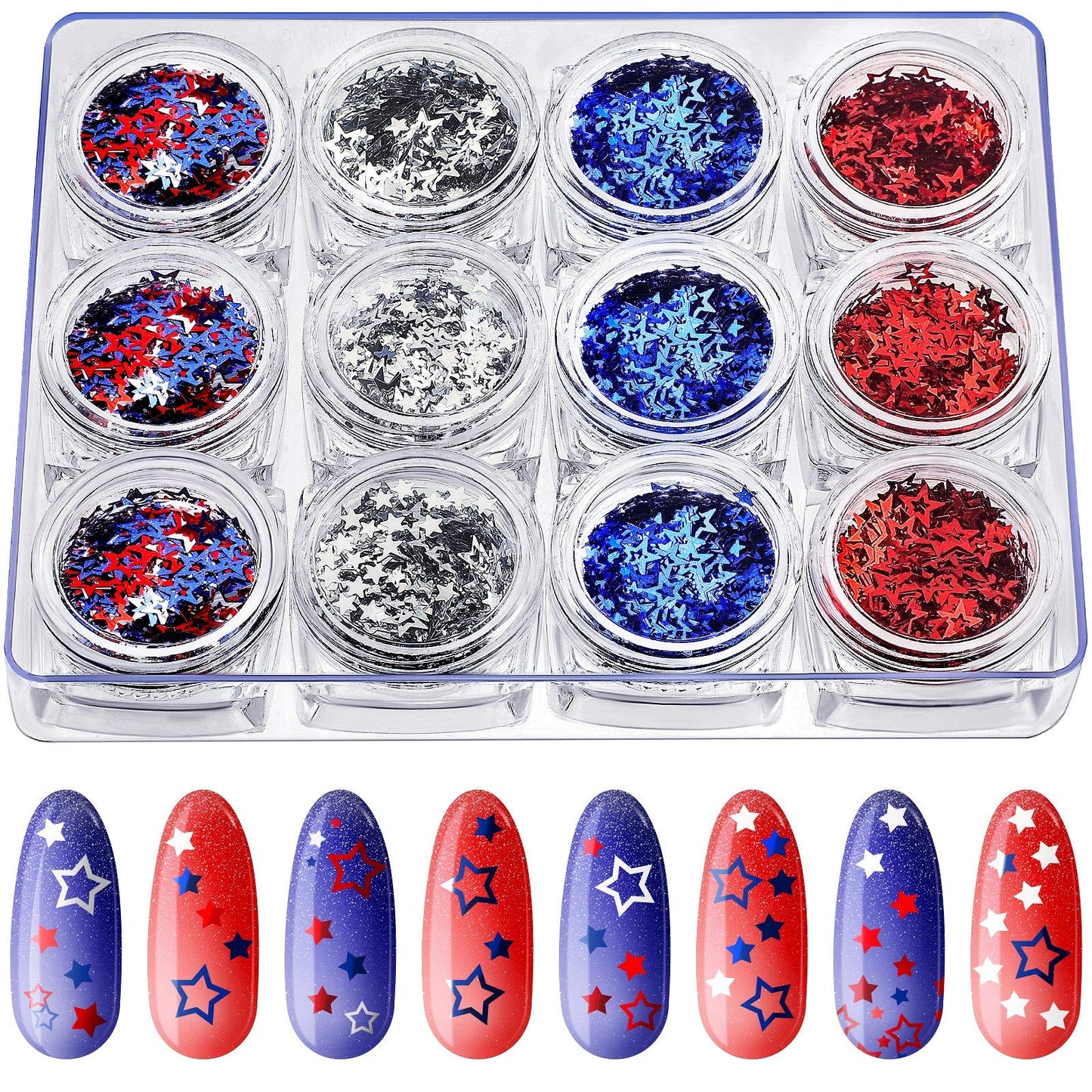 12 Boxes Independence Day Star Glitters Holographic Nail Art Decals Red Blue Silver Mixed Star and Hollow Star Shaped Nail Sequi
