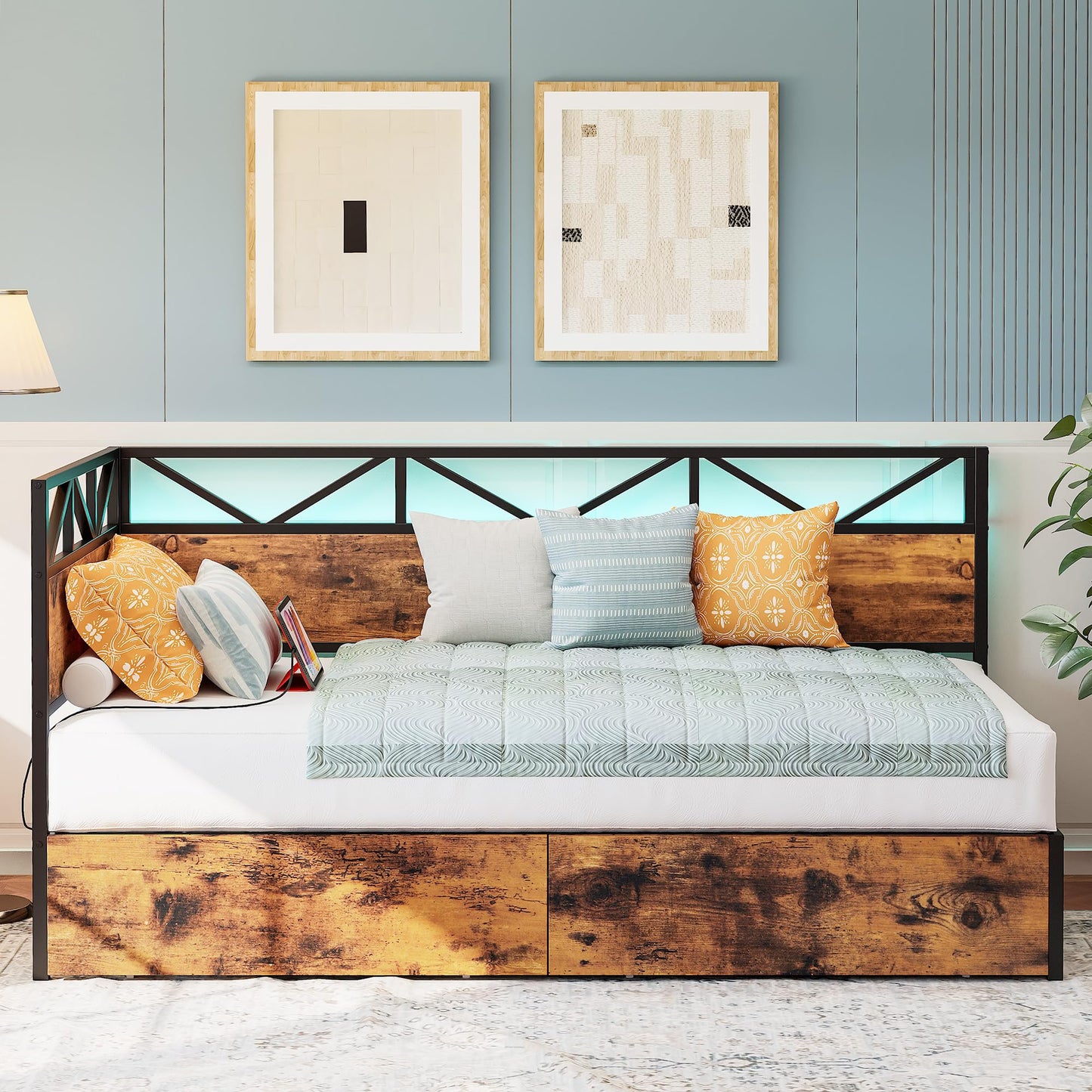 LIKIMIO Twin Daybed with Storage Drawers and Charging Station, Corner Bed Frames with Headboard and LED Lights, Industrial Brown