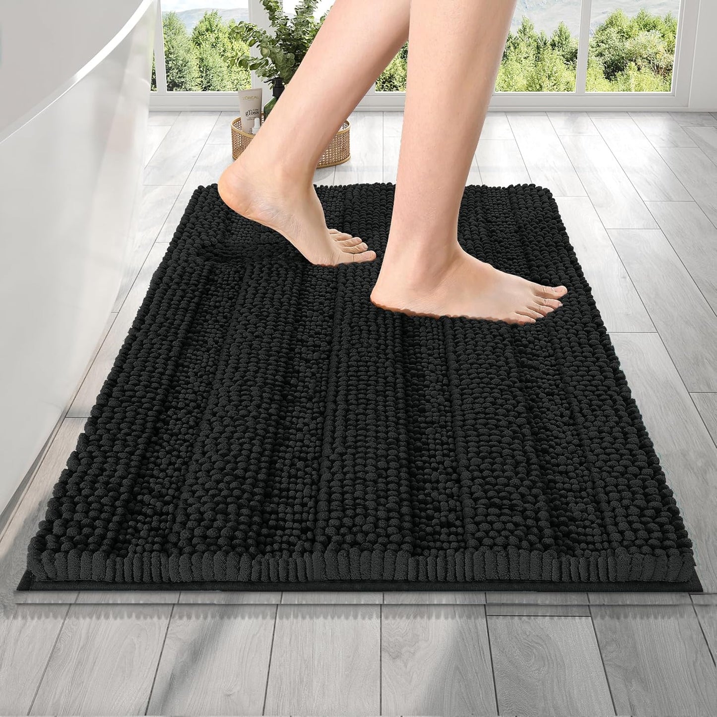 OLANLY Thick Bathroom Rugs 24x16, Extra Soft Absorbent Chenille Striped Bath Rugs, Rubber Backing, Machine Wash Dry, Bath Mats for Bathroom Floor, Tub and Shower, Home Decor Accessories, Black