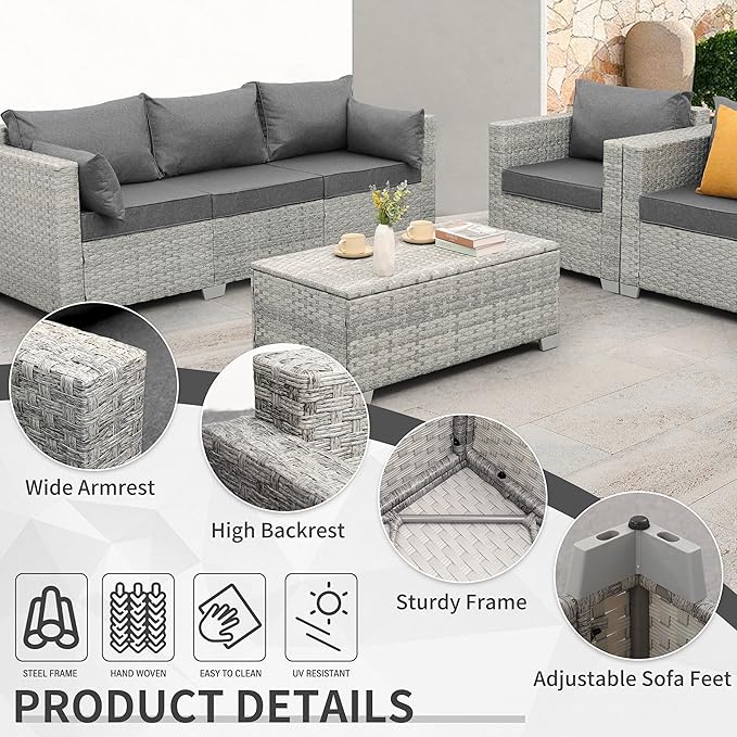 WAROOM Patio Furniture Set 4 Piece Wicker Conversation Sets PE Rattan Chair Outdoor Couch Sectional Sofa with Storage Table, Grey Cushion