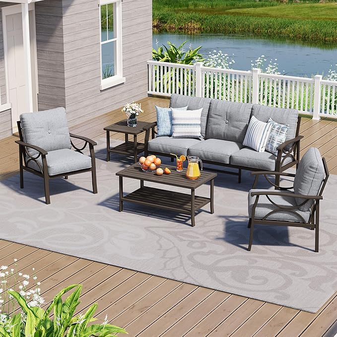 FansaFurn 5-Pieces Outdoor Patio Furniture Set, Outdoor Metal Sectional Furniture with Cushions, Outdoor Conversation Seating Set with Coffee Table for Garden, Balcony, Deck, Backyard, Grey