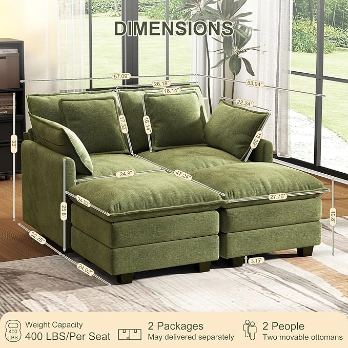 58" Cloud Couch Loveseat, Deep Seat Modular Sectional Sofa with 4 Removable Washable Pillows and 2 Ottoman for Living Room, Bedroom, Apartment, Green