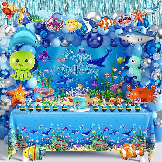 Under the Sea Party Decorations 98Pcs, Ocean Theme Birthday Party Supplies Include Backdrop Tablecloth Bubble Garlands Cak...