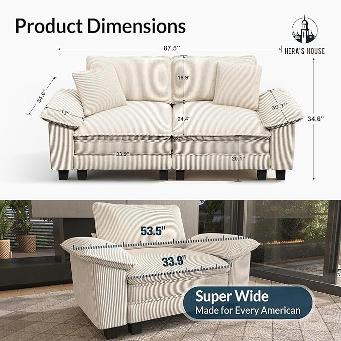 HERA'S HOUSE 88" Modular Sectional Sofa, Loveseat Couches for Living Room, Comfy Cloud Couch 2-Seater Deep Seat Sofa with Throw Pillow, Corduroy Beige