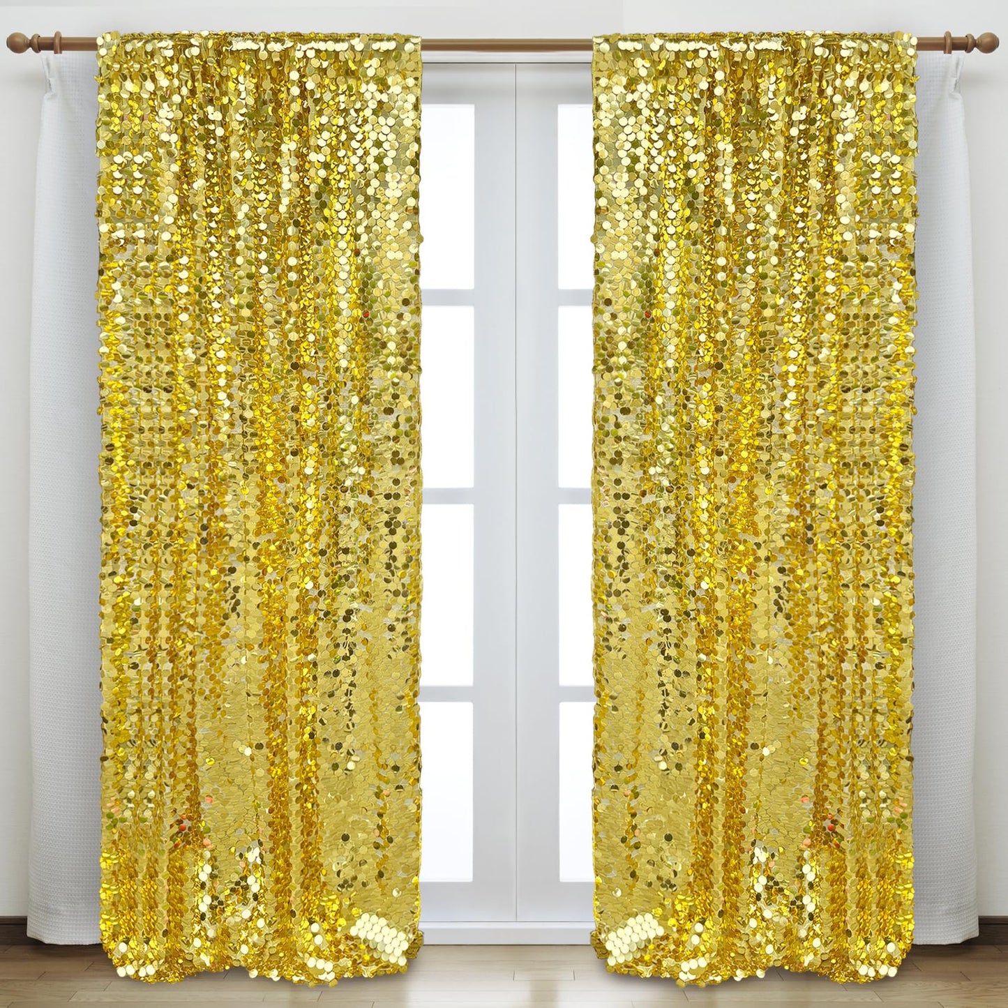 HMQIANG Gold Payette Sequin Backdrop, 4x10 Feet, 2 Panel Shimmer Large Sequin Backdrop Curtain for Decor, Parties, Home