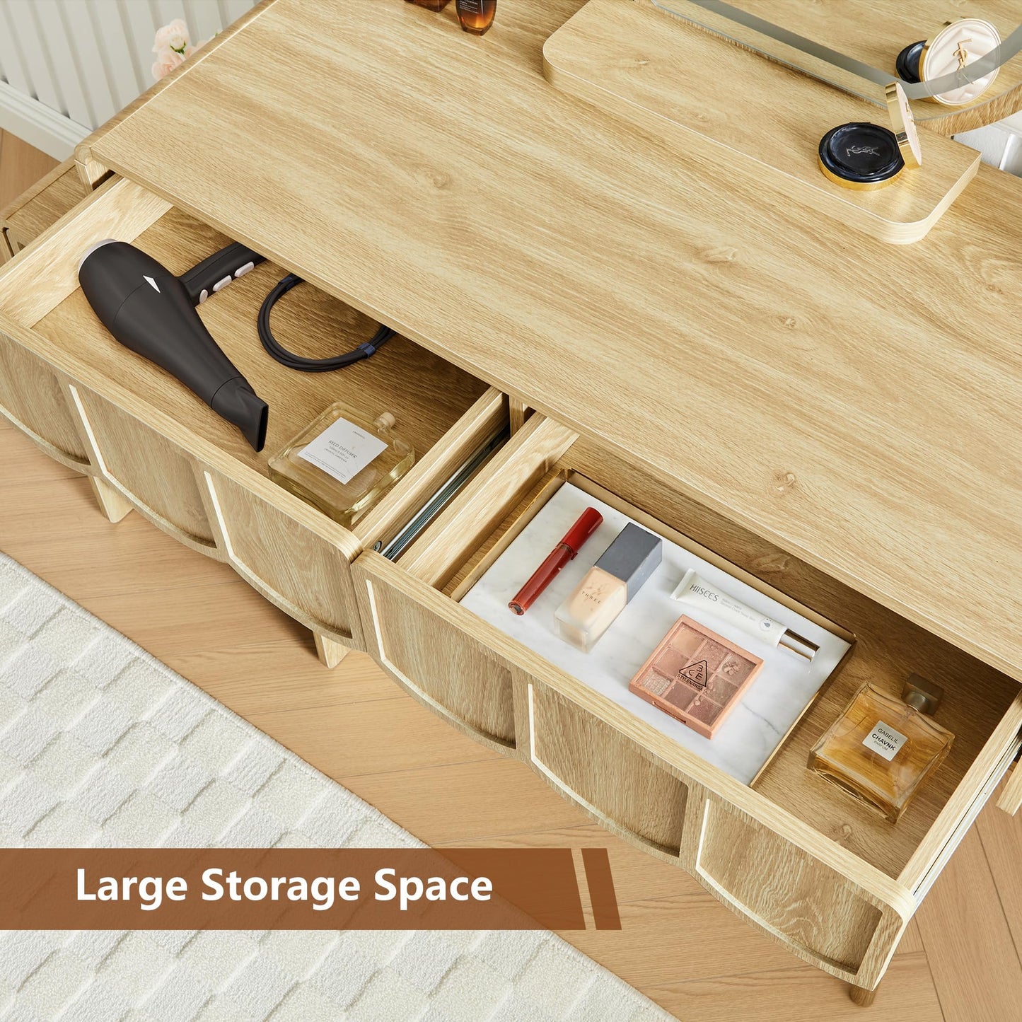 ORRD Vanity Desk with Mirror and Lights, Modern Wood Wave Panel Vanity Desk Set Makeup Table with Drawers and Cabinet, Dressing Table with Storage for Bedroom, Natural