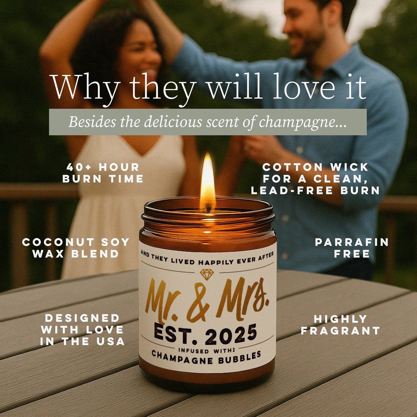 WAX & WIT Wedding Gifts for Couples 2025, Mr and Mrs Candle – Scented with Champagne Bubbles - Bridal Shower, Bride to Be, Just Married - 9oz, Soy Wax, 50 Hour Burn, Premium Candle Gifts