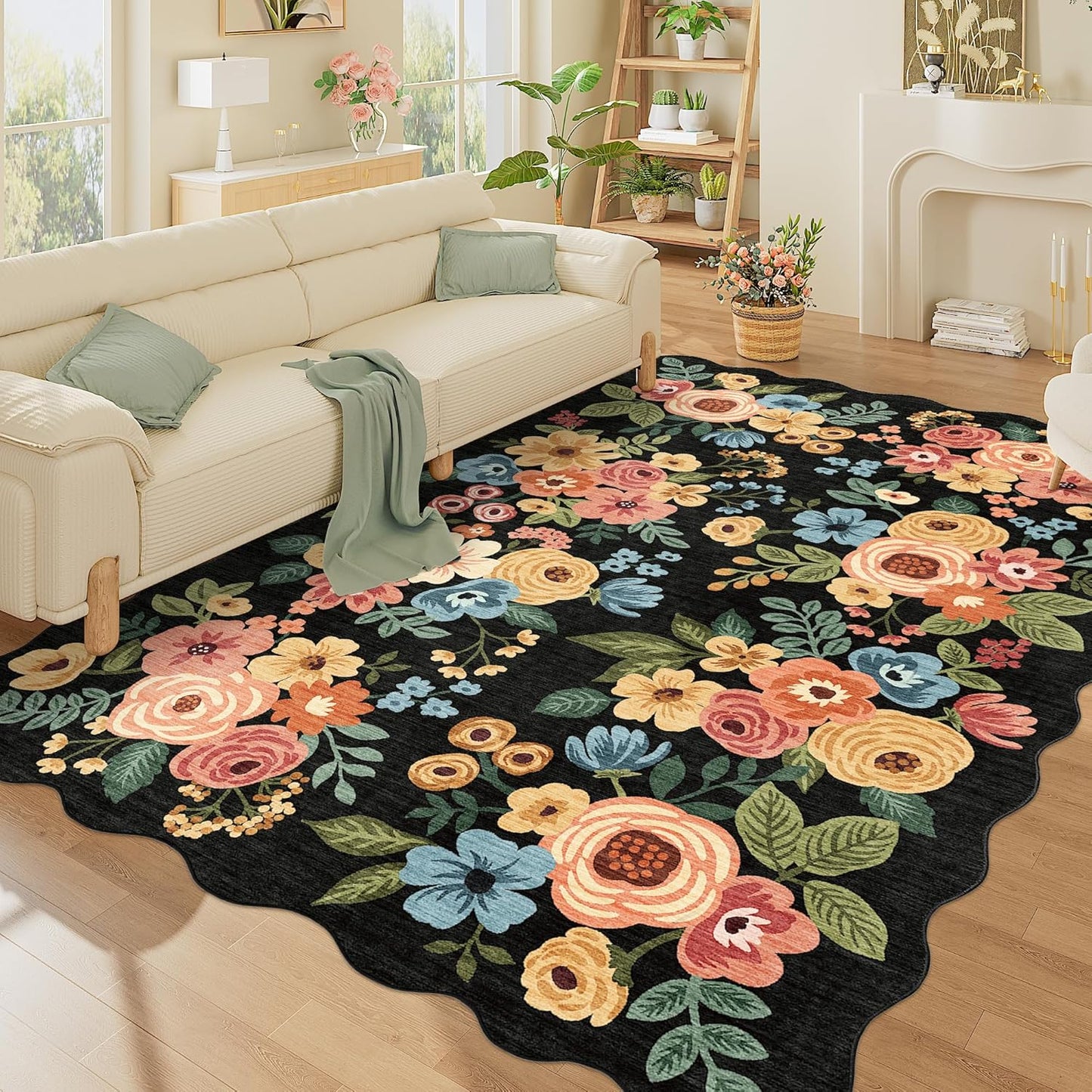 DUKINO 6x9 Area Rug, Floral Washable Rugs for Living Room with Non Slip Backing & Non-Shedding, Lightwight Low Pile Boho Design Large Carpets for Bedroom, Living Room, Dining Room, Black