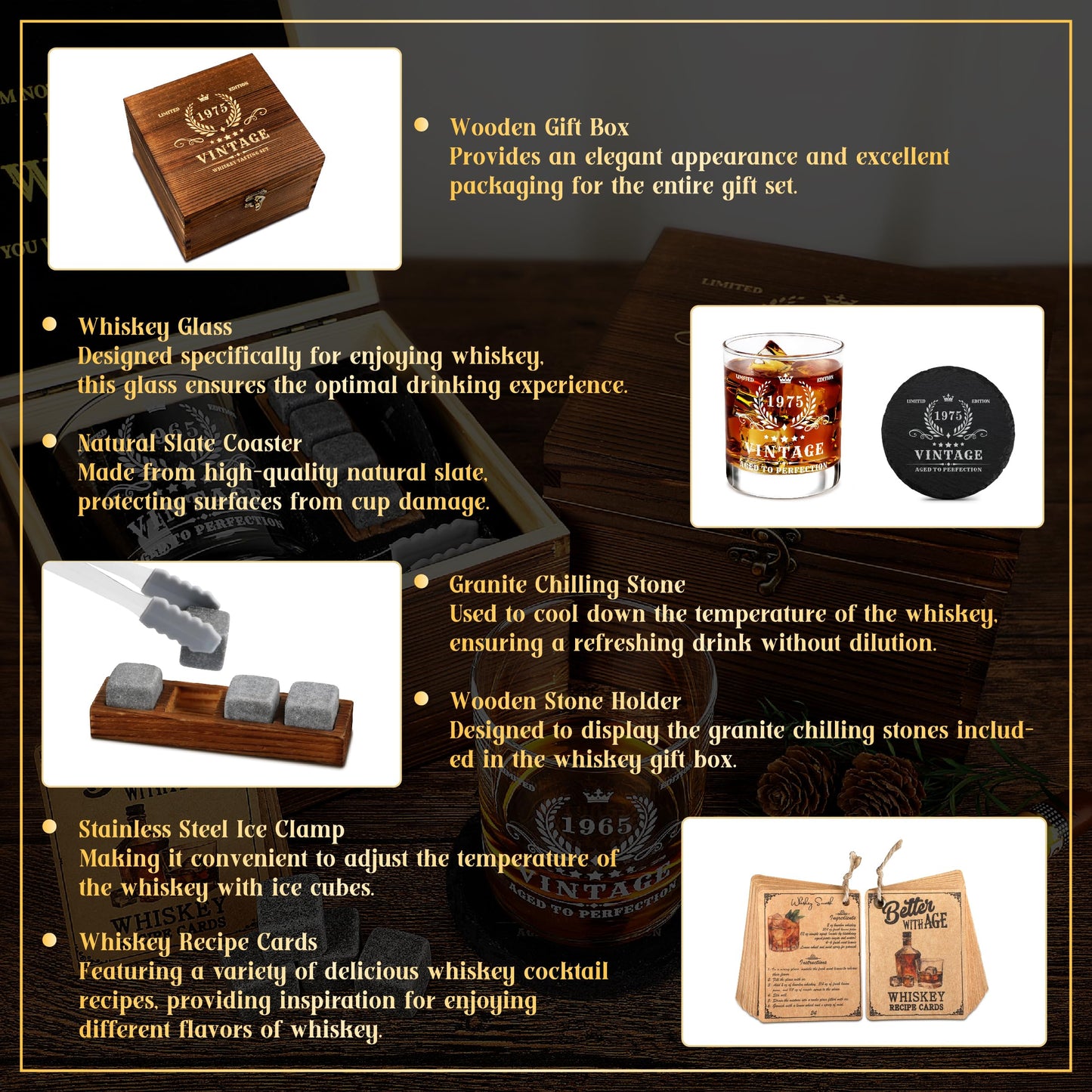 Pagather 50th Birthday Gifts for Men - Vintage 1975 Whiskey Glass Set, 50 Years Old Anniversary Ideas for Him, Dad, Husband, Include Wood Box, Recipe, Stones, Coaster, Stone Holder, Clamp