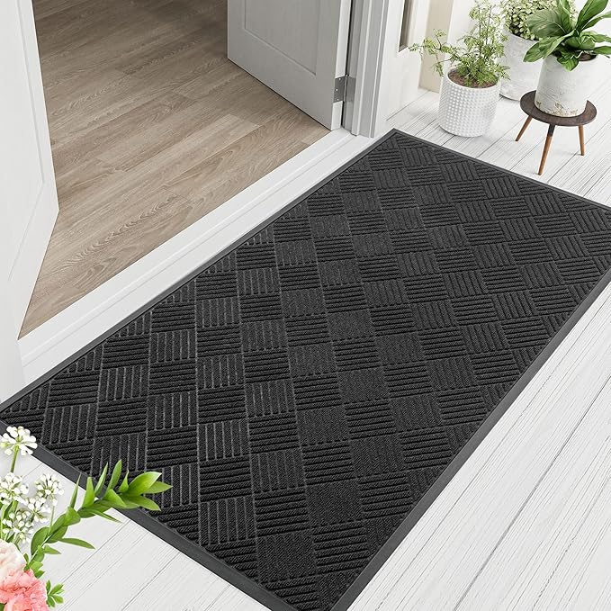 Indoor Outdoor Door Mat, 4’x 3' Doormat for Entryway, Rubber Backing Non Slip Front Door Mat Outside Entrance, Super Absorbent Commercial Floor Mat for Home Office, Black