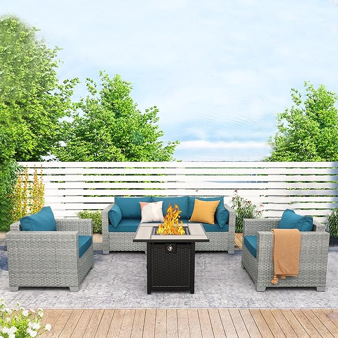 WAROOM Patio Furniture Set 4 Piece Wicker Conversation Sets PE Rattan Chair Outdoor Couch Sectional Sofa with 30" Fire Pit Table, Peacock Blue Cushion