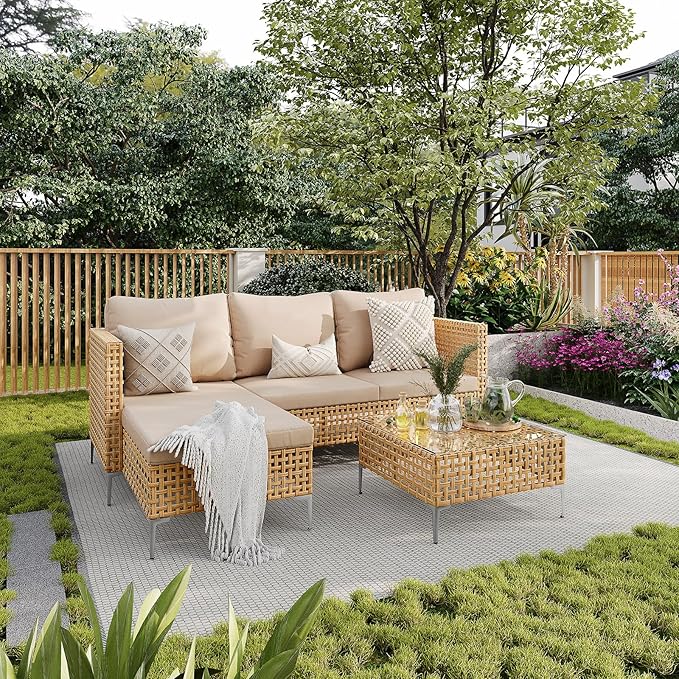 Ophelian 3 Piece Outdoor Furniture Set, Apartment Patio Sectional Furniture, Patio Chaise Sofa Sets with All Weather Manual Rattan, Perfect for Balcony, Porch, Lawn, Backyard (Yellow/Beige)