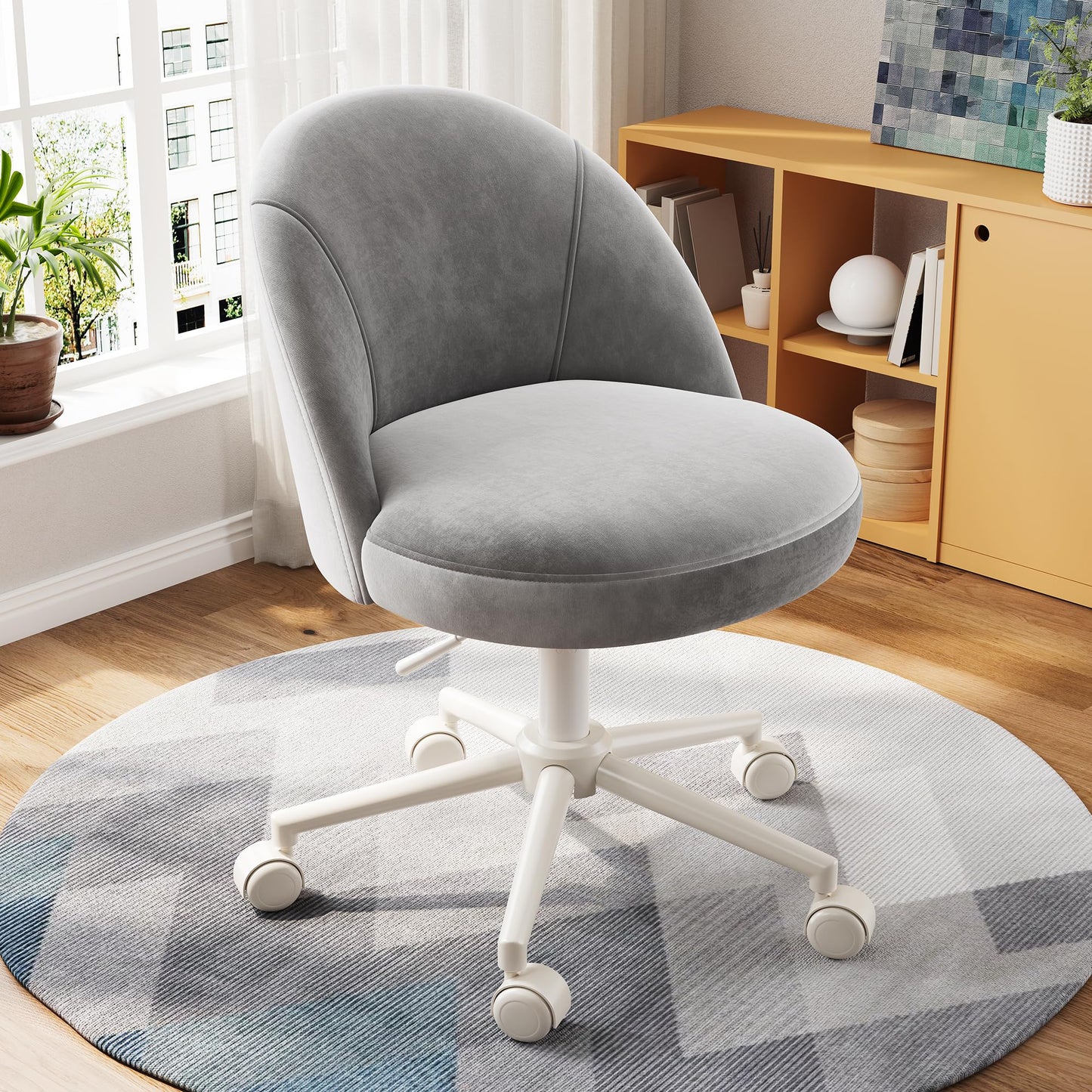 EnHomee Armless Vanity Chair with Wheels, Soft Vanity Chair with Comfortable Lumbar Back Support, Cute Desk Chair Comfy with Adjustable Swivel Base for Bedroom, Home Office, Muted Grey