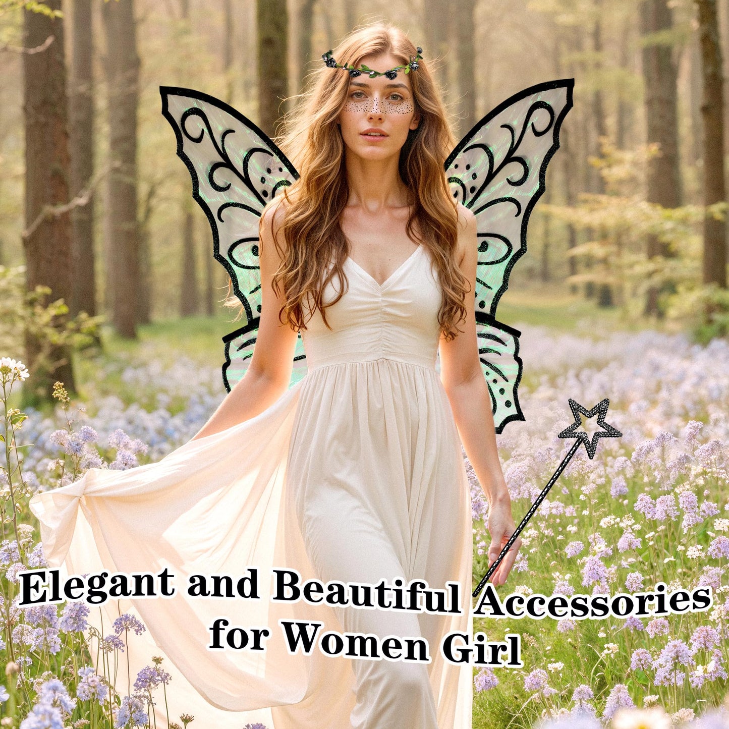 U-Zomir Fairy Costume Wings for Women Girls, Sparkle Black Fairy Butterfly Wings Halloween Costume Dress up Christmas Birthday Party Favor Wedding