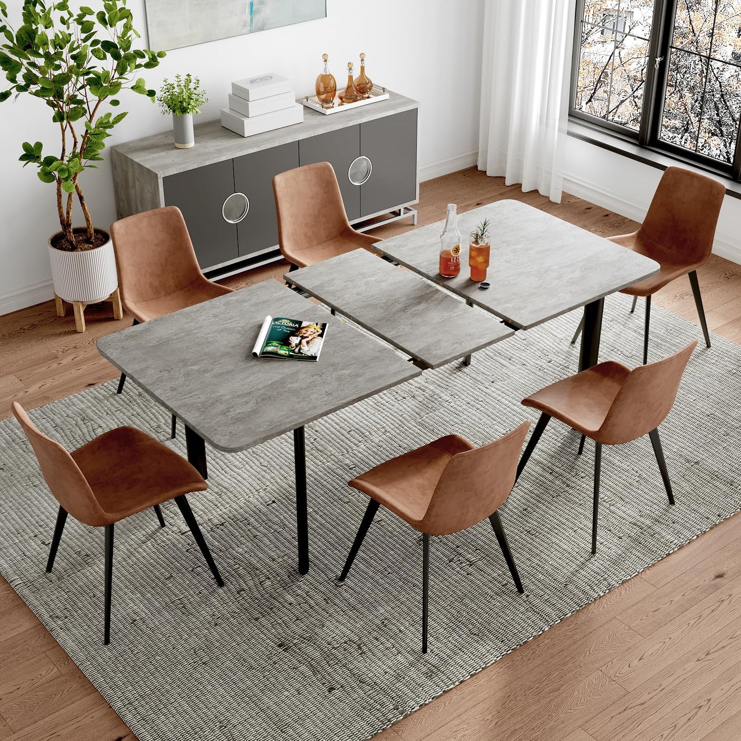 HIPIHOM 63"- 78.7" Extendable Dining Table with 6 Brown Dining Chairs, Modern Kitchen Table Set for 6, Thickened Expandable MDF Wooden Table with Metal Legs for Dining Room, Kitchen, Home
