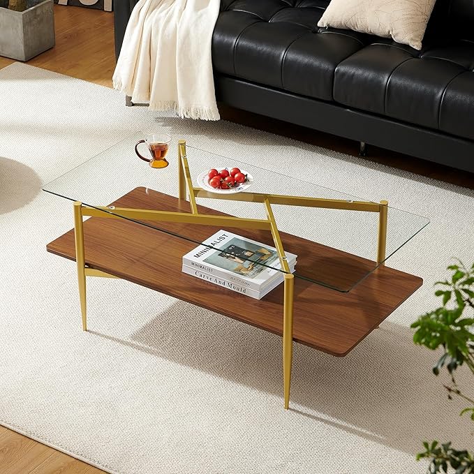 Pine Flicker Rectangle Coffee Table, Mid-Century Modern Design, L41*W21*H17 inch, for Living Room, Clear Glass Top and Walnut Finish Wood Shelf, Conical Metal Legs with Gold Finish