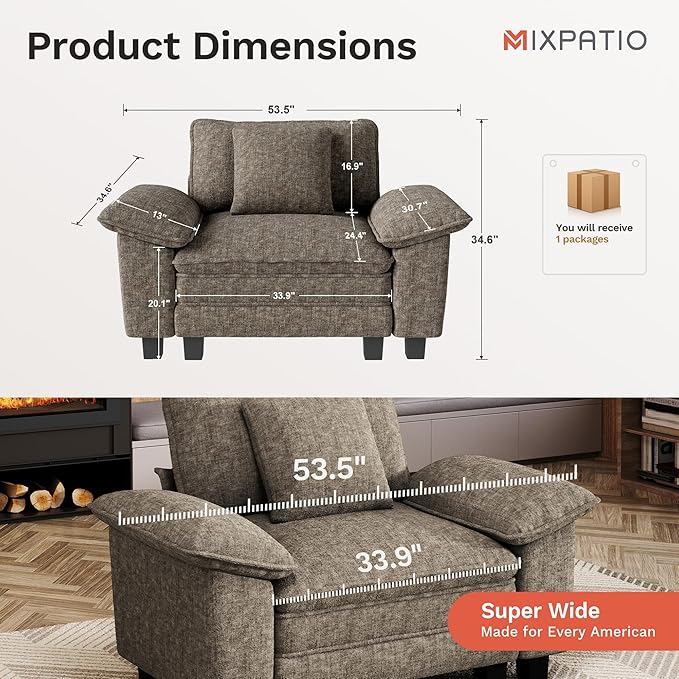 MIXPATIO 53.5" Cloud Modular Sectional Single Sofa, Deep Seat Armchair with Plush Chenille & Removable Arms for Living Room, Smoky Gray