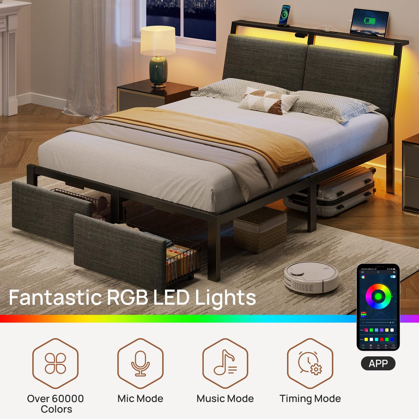 Rolanstar Queen Bed Frame with Ergonomic Headboard Storage & Charging Station, Upholstered Platform Bed with LED Light & Drawer, Heavy Duty Metal Slats, Noise Free, No Box Spring Needed, Grey