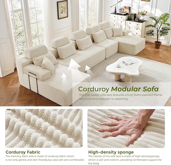 171" U-Shaped Cloud Modular Sectional Sofa with Chaise & Headrest, Boneless Deep Seat Plush Corduroy Couches for Large Living Room, No Assembly Required (White, 171" U-shapred Chaise)