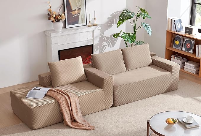Vanress 97" Cloud Couch Sectional, Corduroy Boneless Couch with L-Shape Chaise,Modern Modular Sectional Sofa Comfy Deep Seat for Living Room, Bedroom, No Assembly (Camel, Left Facing Chaise)