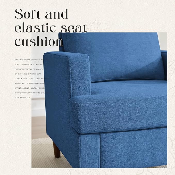 Weture Mid-Century Accent Chair,Modern Linen Fabric Armchair for Living Room,Comfy Upholstered Reading Accent Chairs for Bedroom,Single Sofa Chair with Wood Legs (Blue, 2 Pack)