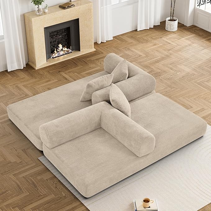 DAMAIFROM Convertible Sleeper Sofa Bed with Cylindrical Pillow, Corduroy Folding Mattress Couch with Fixed-Shape Frame, Modular Floor Sofa Lounge Couch for Living Room Bedroom Lounge, Light Brown