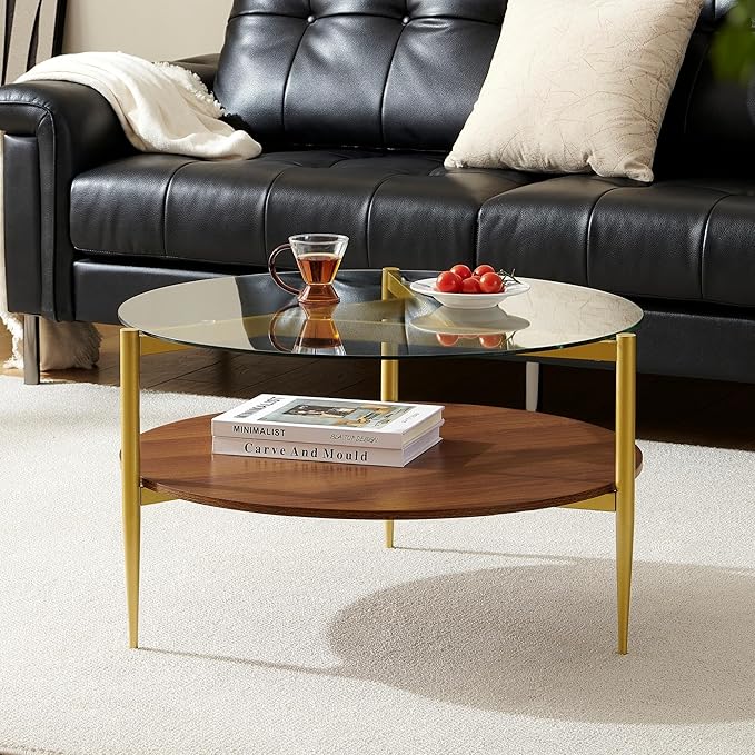Pine Flicker Round Coffee Table, Mid-Century Modern Design, D30*H17 inch, for Living Room, 2-Tier Structure, Clear Glass Top and Walnut MDF Shelf, Sleek Conical Metal Legs with Gold Finish