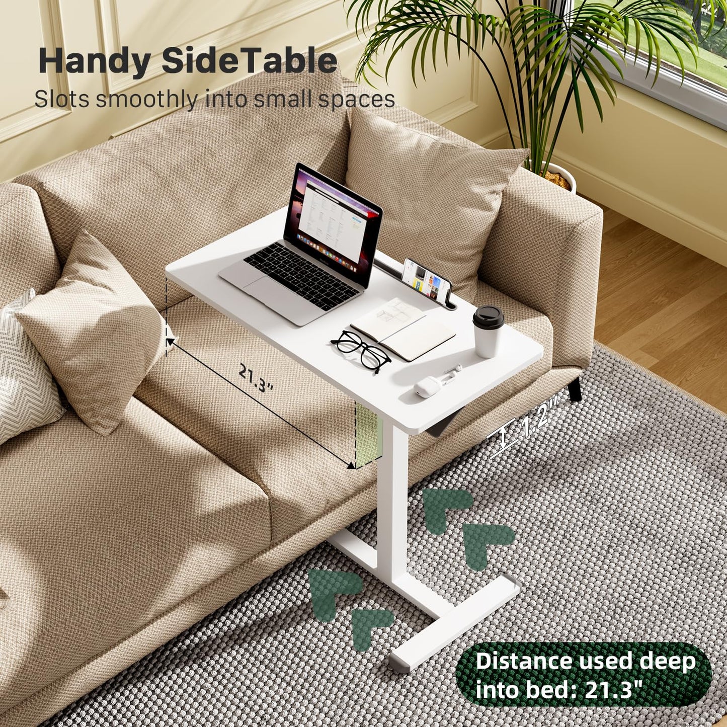 Gibbon Mounts Mobile Standing Desk, Pneumatic Adjustable Rolling Desk(31.5 Inches), Portable Laptop Desk with Wheels, Overbed Bedside Table Laptop Table for Couch, Home, Office, White