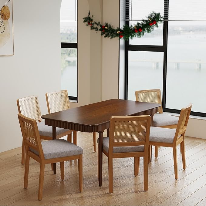 LukeAlon Set of 4 Mid Century Dining Chairs - Farmhouse Style with Woven Cane Back, Plush Chenille Upholstered Seats, Solid Wood Legs, Comfortable Kitchen & Dining Room Chairs, Grey