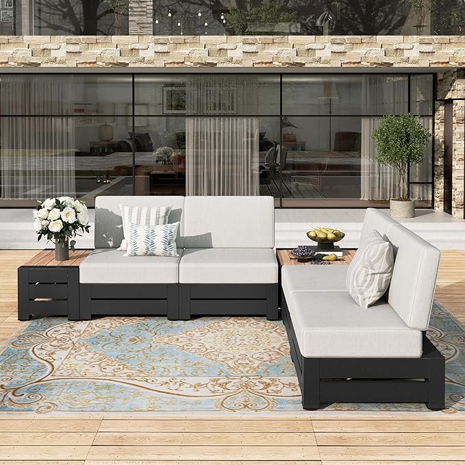 HERA'S HOUSE Metal Patio Furniture Set 6-Piece, All Weather Outdoor Sectional Sofa with Coffee Table & Side Table, 5.9" Thick Waterproof Cushions, Modular Conversation Set for Garden, Deck, Backyard