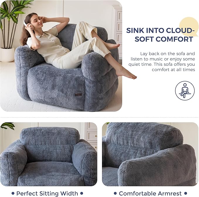 MAXYOYO Giant Bean Bag Chair for Adults, Ultra Soft Fluffy Bean Bag Sofa, Oversized Floor Sofa for Living Room Bedroom, Cozy Reading Chair with Filler, Dark Grey