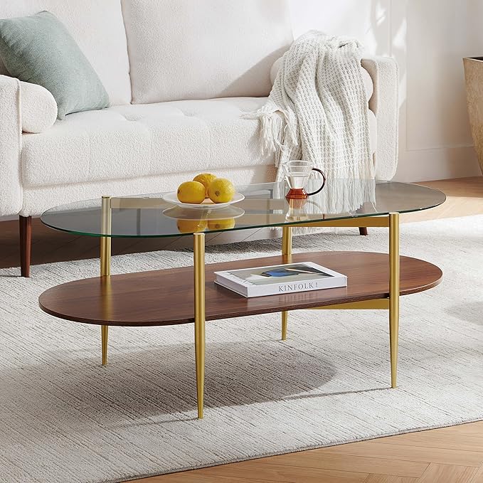 Pine Flicker Oval Glass Coffee Table, Mid-Century Modern Design, L42*W22*H17 inch, for Living Room, Clear Glass Top and Walnut Finish Wood Shelf, Conical Metal Legs with Gold Finish