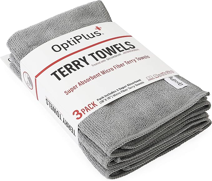 OptiPlus 16oz All Natural Lens and Screen Cleaning Pack, Lens Wipes, Microfiber Cloth and 16 x 16 Microfiber Terry Towel 3 Pack (Grey)