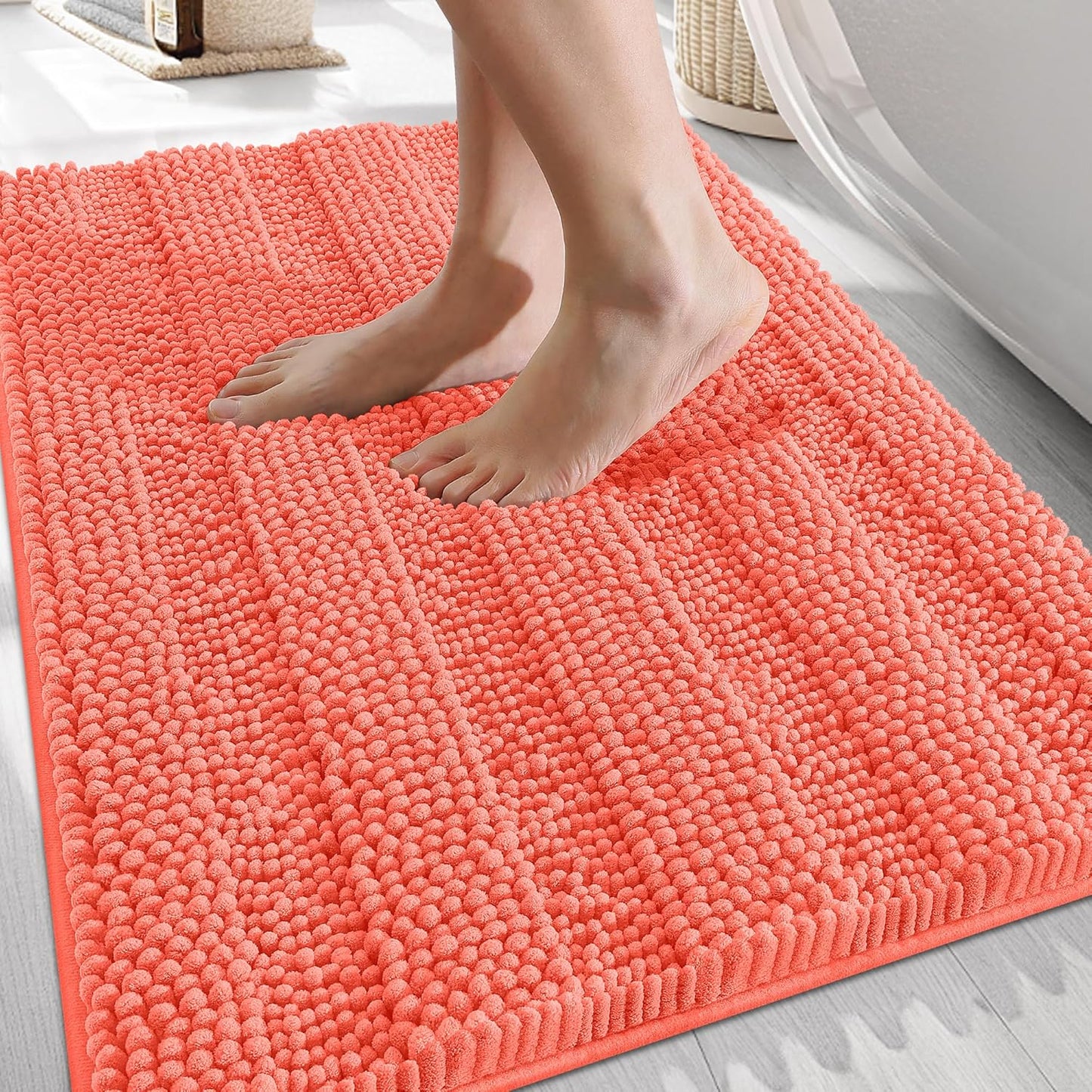 OLANLY Thick Bathroom Rugs 30x20, Extra Soft Absorbent Chenille Striped Bath Rugs, Rubber Backing, Machine Wash Dry, Bath Mats for Bathroom Floor, Tub and Shower, Home Decor Accessories, Coral