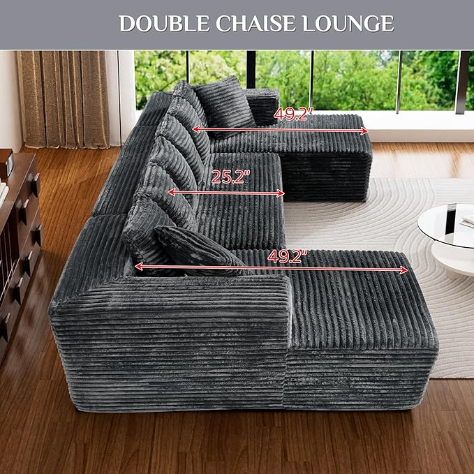 Modular Sectional Sofa, 130" U Shaped Cloud Couch Plush Corduroy Comfy Deep Seat Boneless Sofas with 8 Pillows Double Chaise Lounge Sectional Couches with Memory Foam for Living Room - Dark Grey