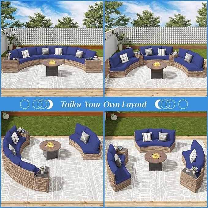 Patio Furniture Sets, 11 Piece Half-Moon Sectional Round Sofa Set, Outdoor Patio Furniture with Cushions & Wedge Table for Beach, Pool, Balcony, Blue