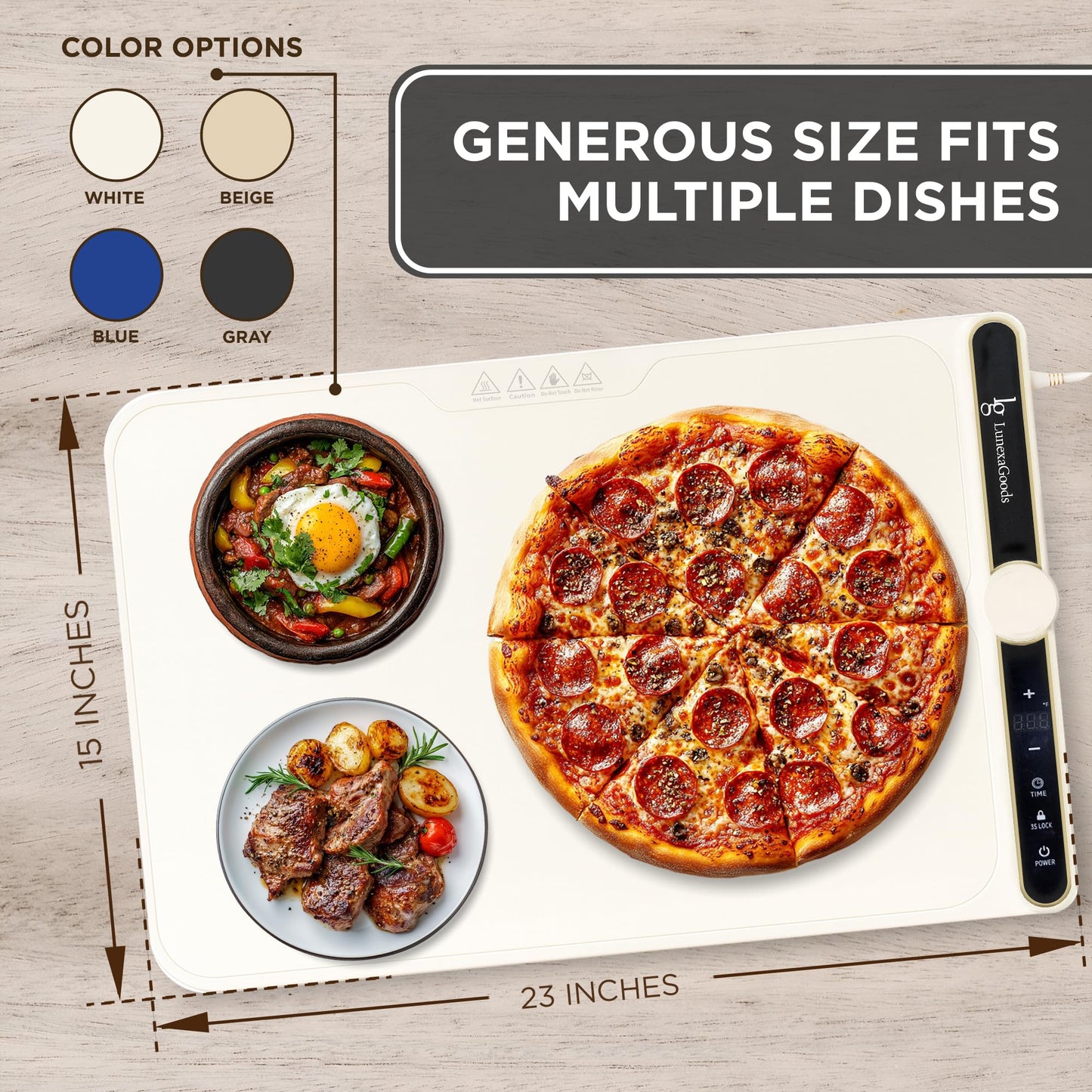 LunexaGoods Food Warming Mat, 9-Temperature Electric Heating Tray with Timer & Safety Lock, Silicone Roll-Up Buffet Warmer for Countertop, Parties, Home & Travel (Blue)