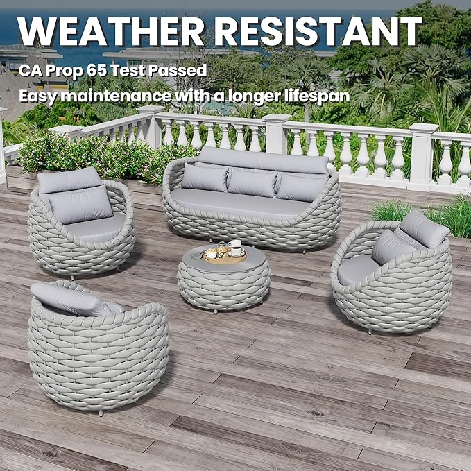 Erotr Aluminum Outdoor Patio Couch Set: 5 Pieces Woven Rope Porch Furniture Sofa Set - Metal Modern Deck Conversation Set - All Weather Assembled Courtyard Seating for Backyard Pool Hotel Resort, Grey