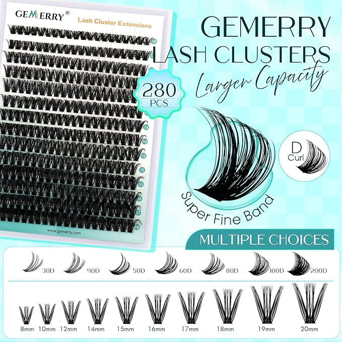 Lash Clusters GEMERRY 280pcs Clusters Lashes D Curl Soft&Natural Individual Lashes Cluster Eyelash Clusters DIY Lash Extensions at Home（30P-10-18mm)