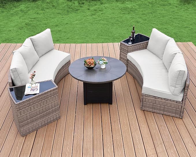 Patio Furniture Sets, 6 Piece Half-Moon Sectional Round Sofa Set, Outdoor Patio Furniture with Cushions for Beach, Pool, Balcony, Beige