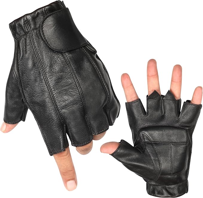 MC Gear Premium Leather Motorcycle Gloves for Men Fingerless Biker Gloves with Gel Palm and Wrist Strap