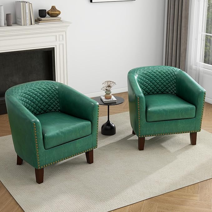 UIXE Faux Leather Barrel Accent Chairs Set of 2, Modern Club Upholstered Arm Chair, Comfy Armchair Nailed Trim Living Room Single Sofa Reading Seat Bedroom Side Sitting for Office, Green