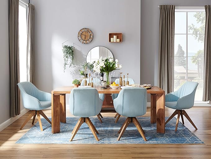 Art Leon Dining Chair, Mid Century Modern Fabric Upholstered Swivel Dining Room Chair with Wood Legs, Leisure Side Chair with Arms for Living Room, Candy Blue
