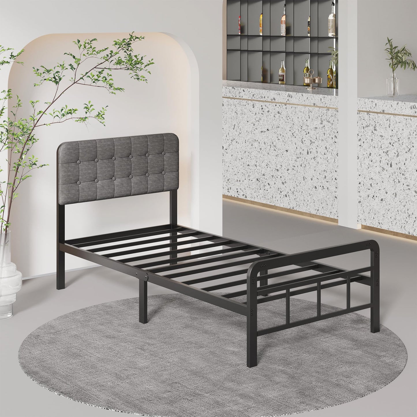 Lutown-Teen 12 Inch Twin XL Bed Frames with Upholstered Headboard and Metal Footboard, No Box Spring Needed, Heavy Duty XL Twin Metal Mattress Foundation, Noise Free, Easy Assembly