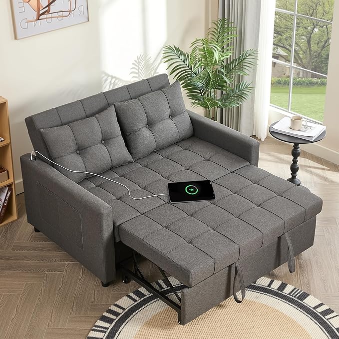 GOSUHI 52" Sleeper Sofa with Pull-Out Bed, 3-in-1 Convertible Sofa Bed, Loveseat with Stepless Adjustable Backrest and Side Pocket, for Living Room Dorm Apartment, Linen, Dark Gray