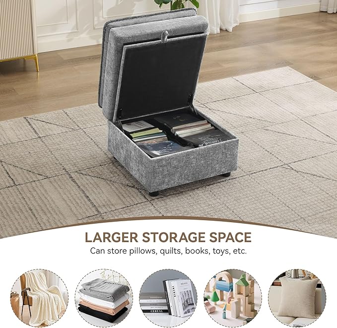 Abbrevi 27" Large Square Ottoman with Storage, Modern Upholstered Footrest with Anti-Slip Legs for Couch Coffee Table Living Room, Bedroom, Entryway, Chenille Light Grey