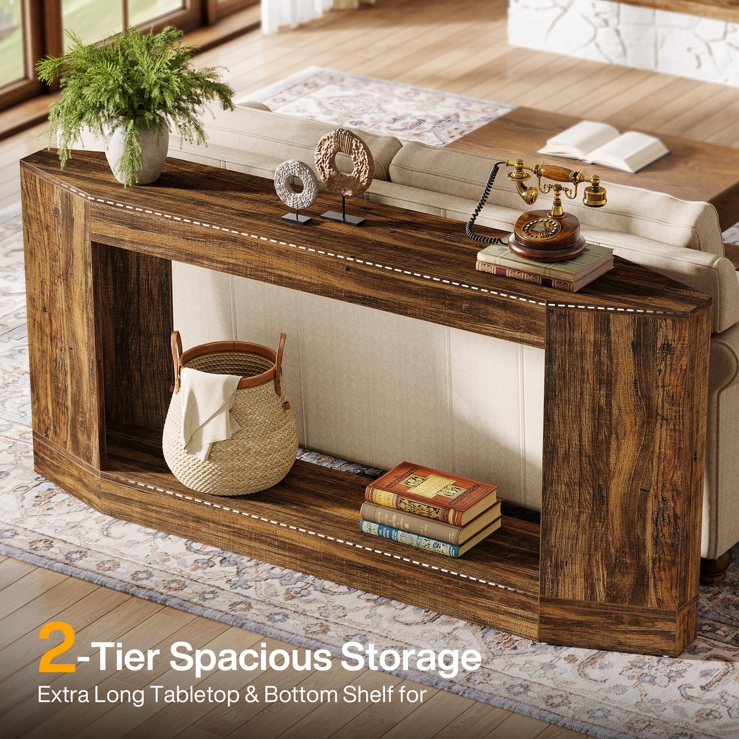 Tribesigns 63" Light Wood Console Table with LED, Sofa Table Behind Couch, Entryway Hallway Foyer Display, Long Narrow Design for Living Room (1, Brown)